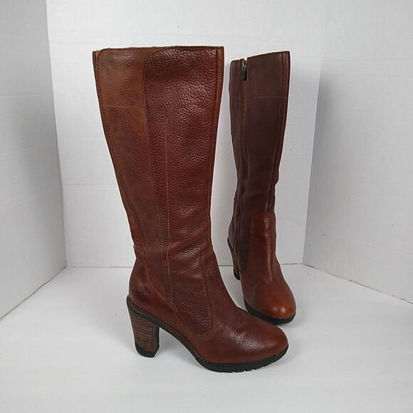 TIMBERLAND Leather Knee High Zip Boots 3" Heel Brown 5.5 Boho Heritage Preppy - Picture 1 of 14
